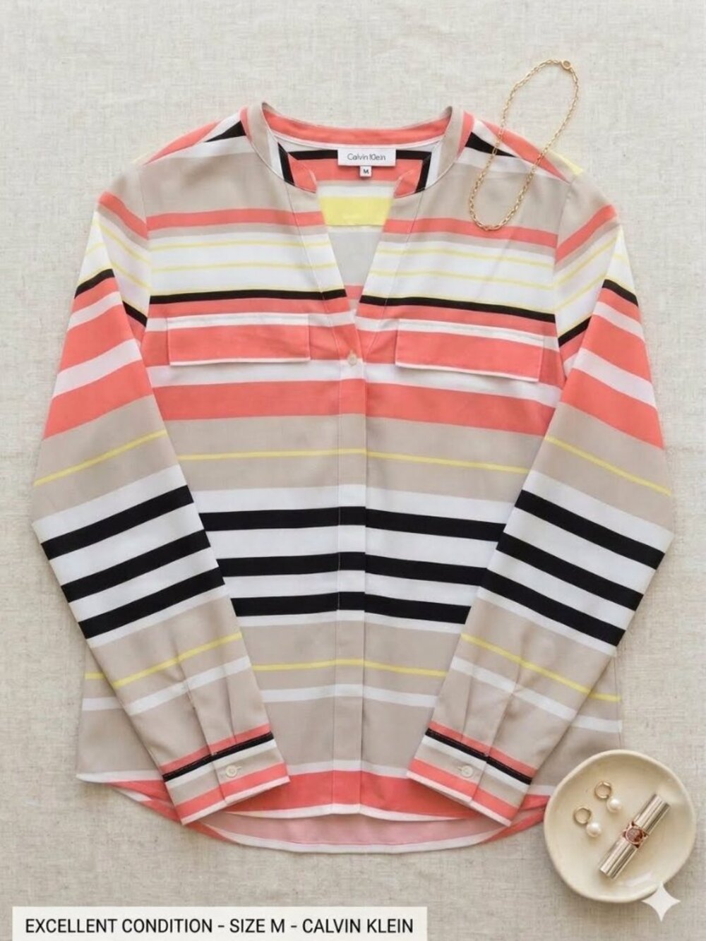 Calvin Klein Striped V-Neck Blouse Roll Tab Long Sleeve Coral Black Tan M Medium